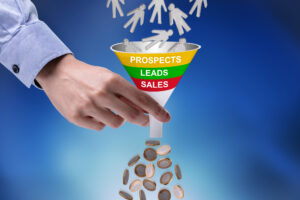 Close-up Of Businessman Holding Funnel Converting Prospects Into Money